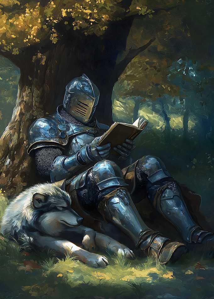 Knight Reading with Wolf