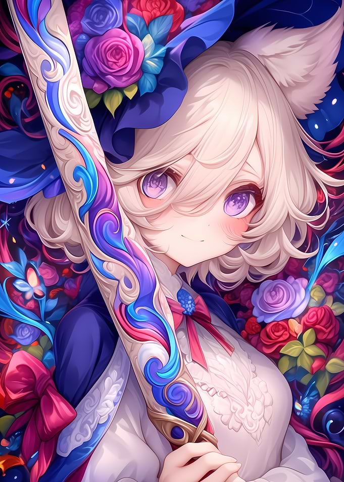 Anime Girl with Sword and Flowers