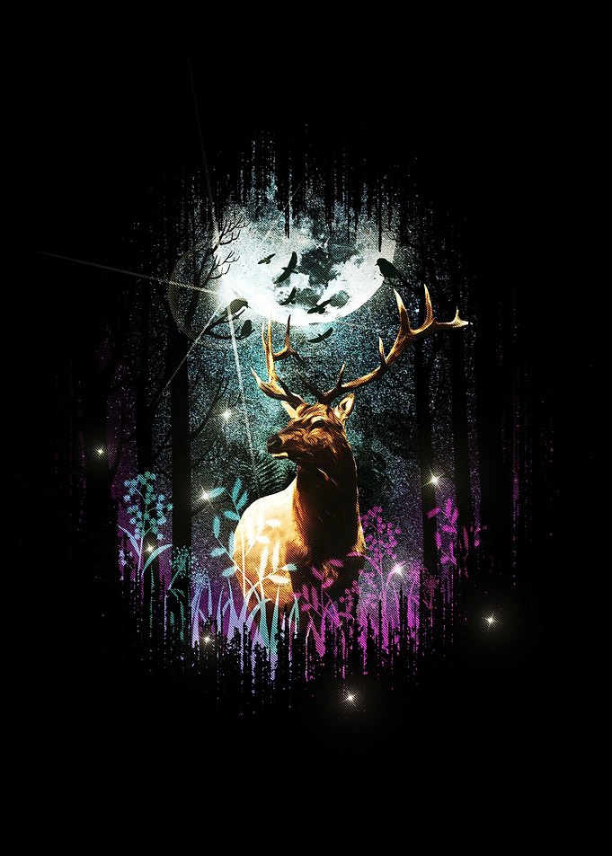 Forest Deer Under Full Moon