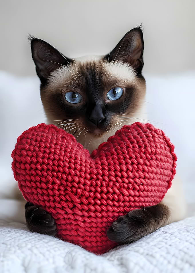 Cute Siamese Cat Holding Heart