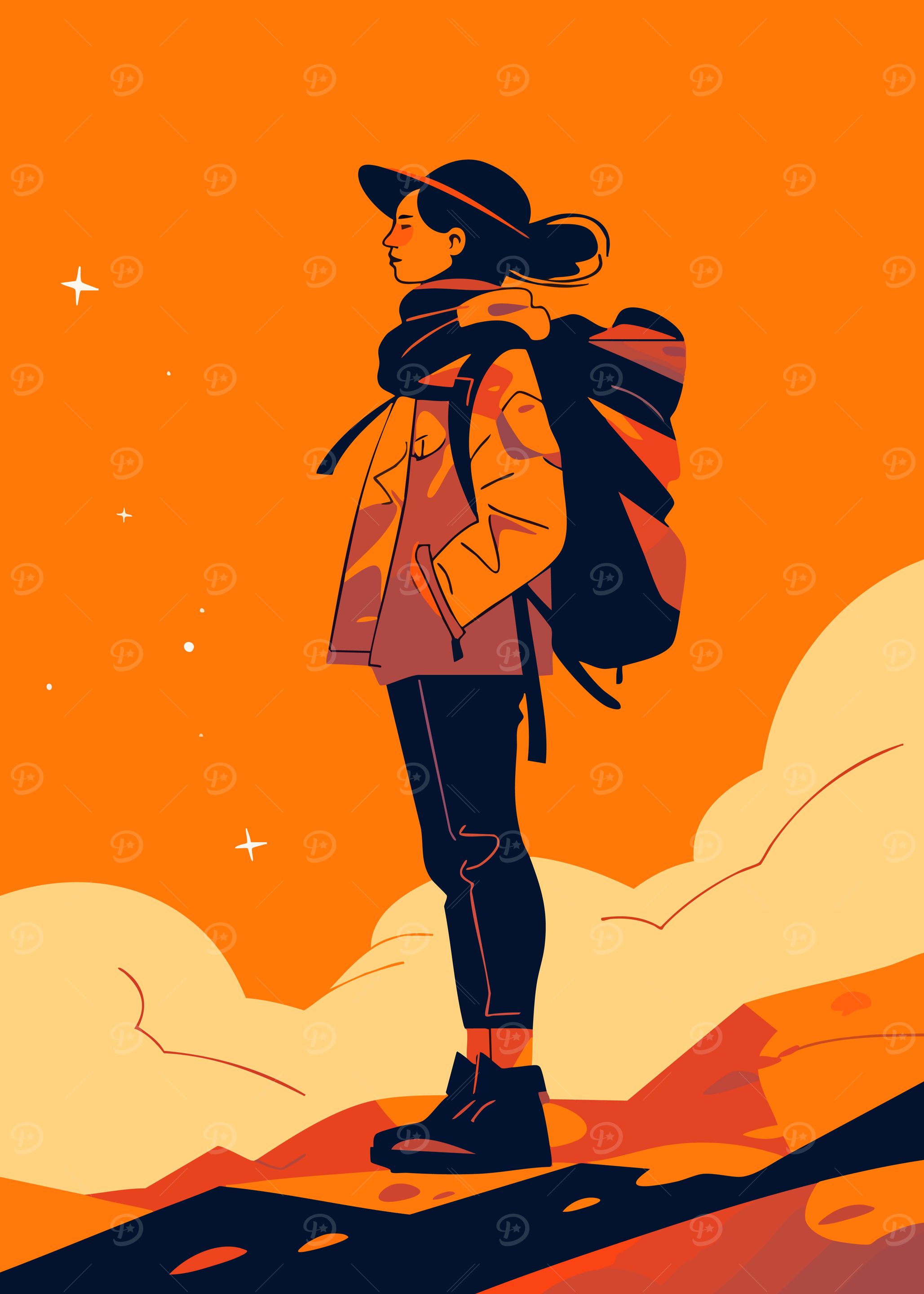 Woman Hiker Minimalist Art Illustration