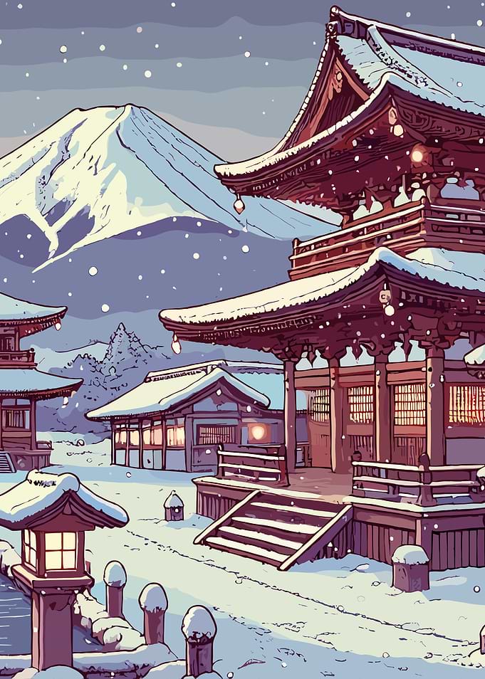 Snowy Japanese Temple and Mount Fuji