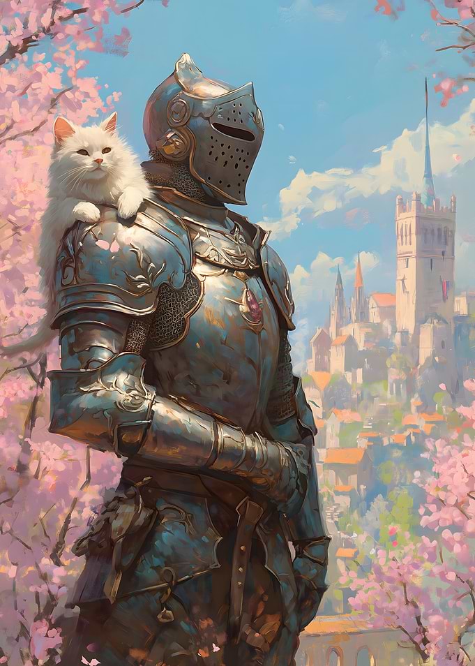 Knight and Cat in a Medieval City