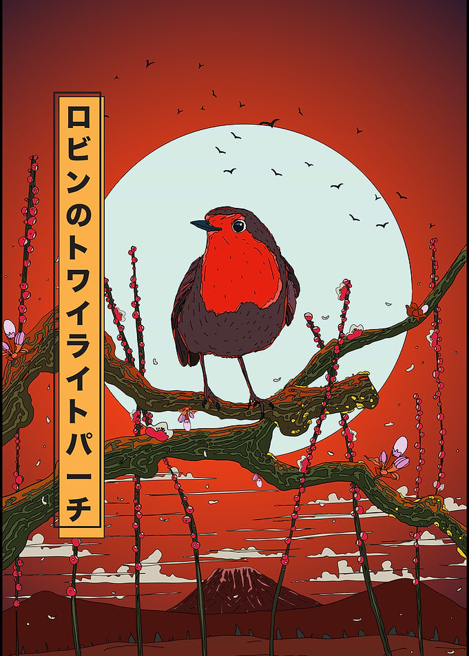 Robin on Branch with Japanese Text