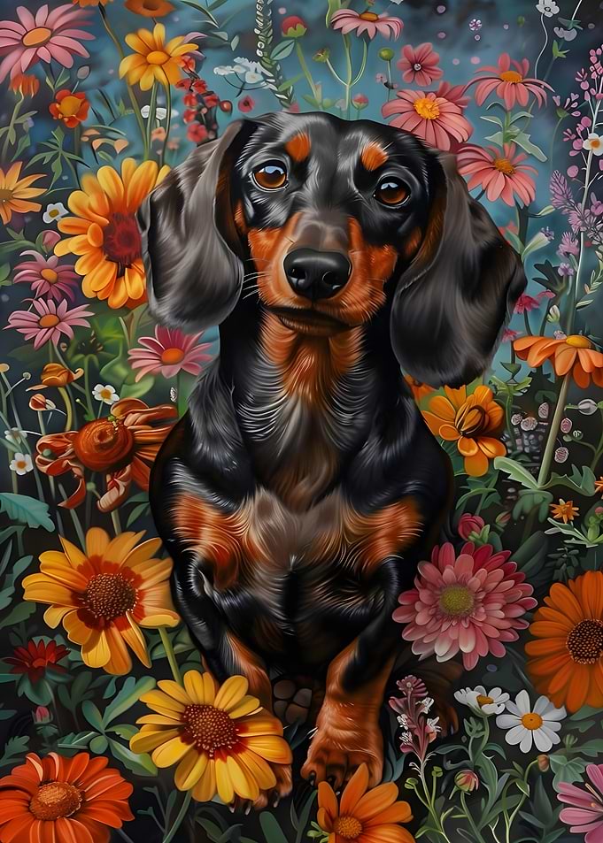 Dachshund in a Flower Garden
