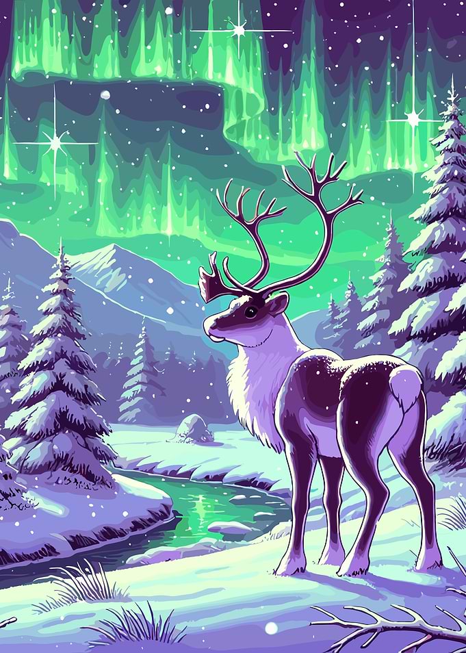 Reindeer Under Aurora Borealis