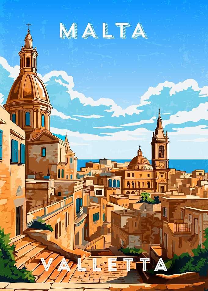 Valletta, Malta Cityscape — Retro travel minimalist poster