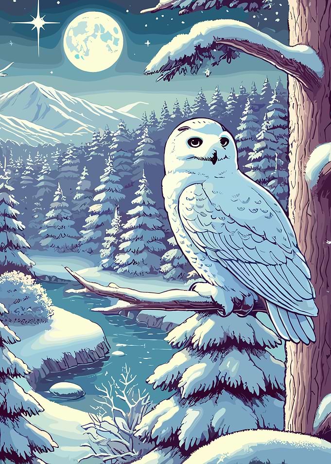 Snowy Owl in Winter Forest