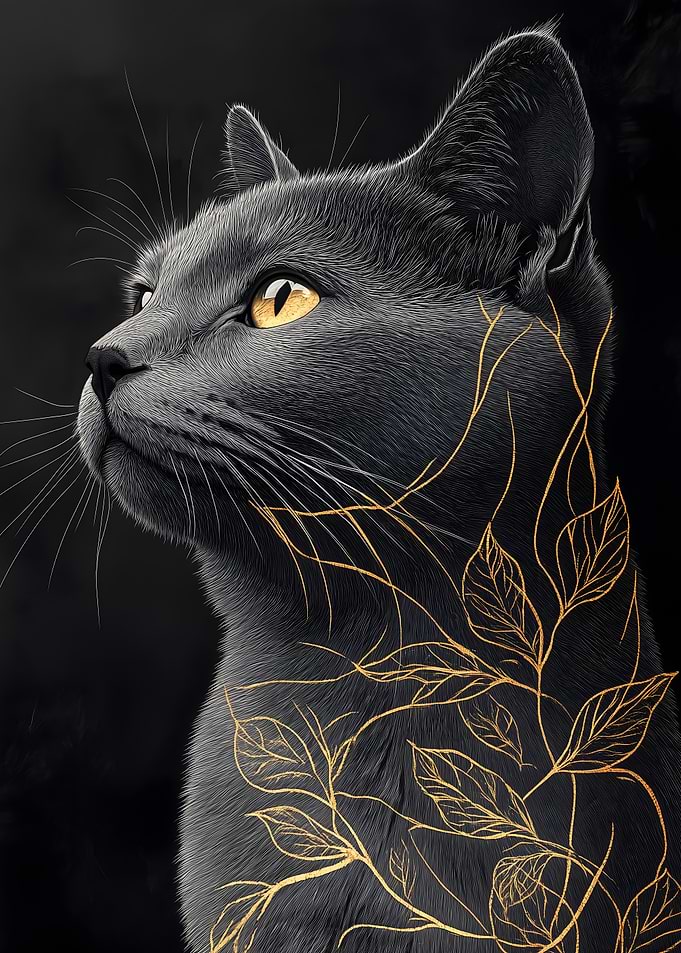 Black Russian Cat with Golden Vines