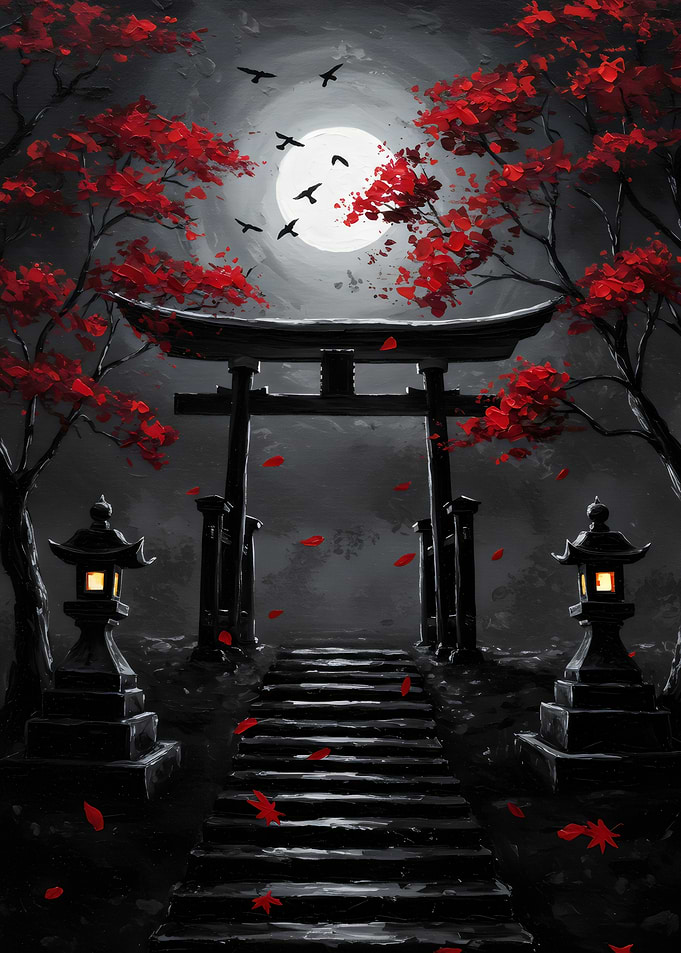 Japanese Gate Under Moonlight