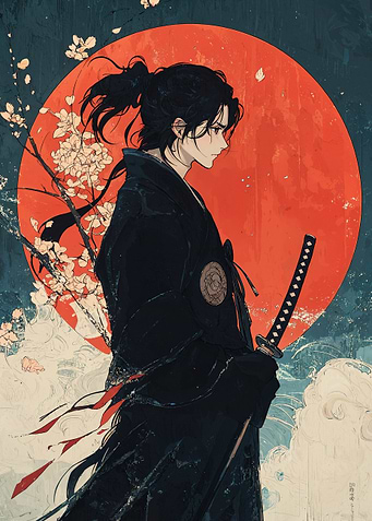 Samurai with Red Moon