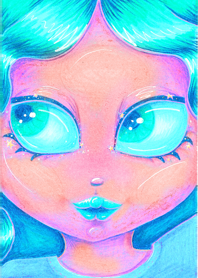 Cute Cartoon Girl with Blue Hair