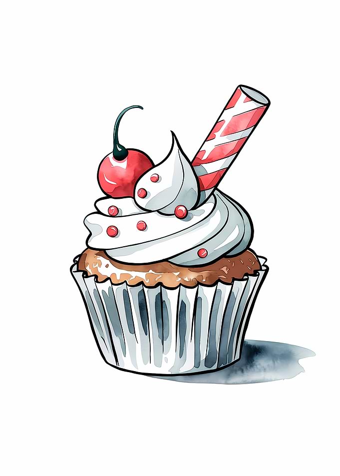 Watercolor Cupcake Illustration - baking sweets colorful white cupcake bakery lovers sprinkles pattern dessert food cute graphic cool design