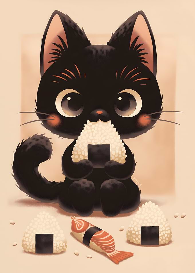 Black Cat Eating Onigiri