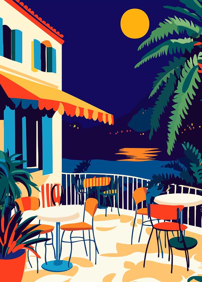 Mediterranean Night Cafe Minimalist Art Illustration