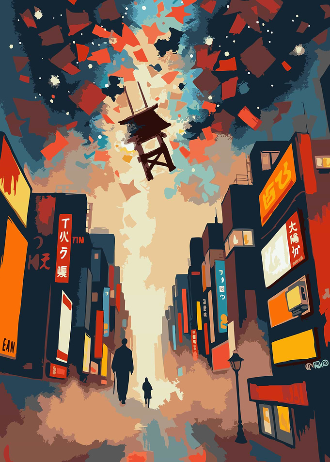 Japanese Cityscape with Falling Pagoda