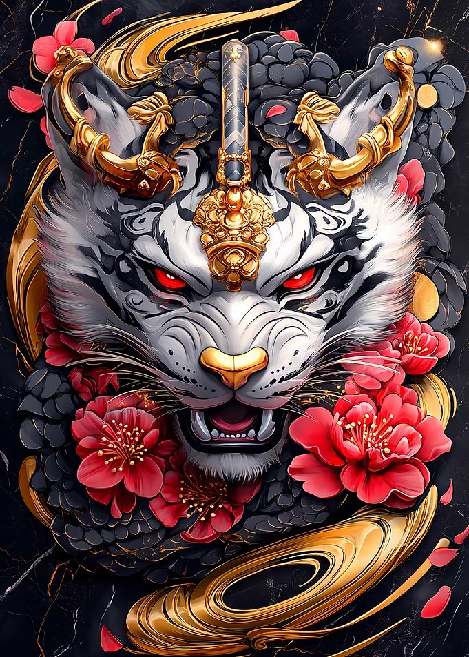 Golden Tiger with Flowers Animal