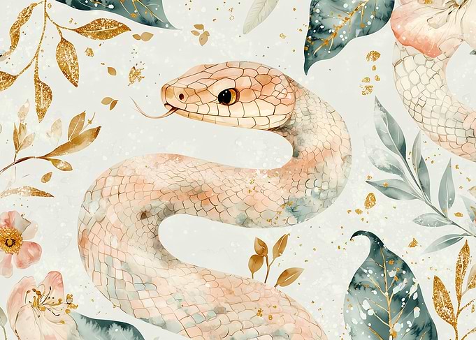 Watercolor Snake with Floral Design