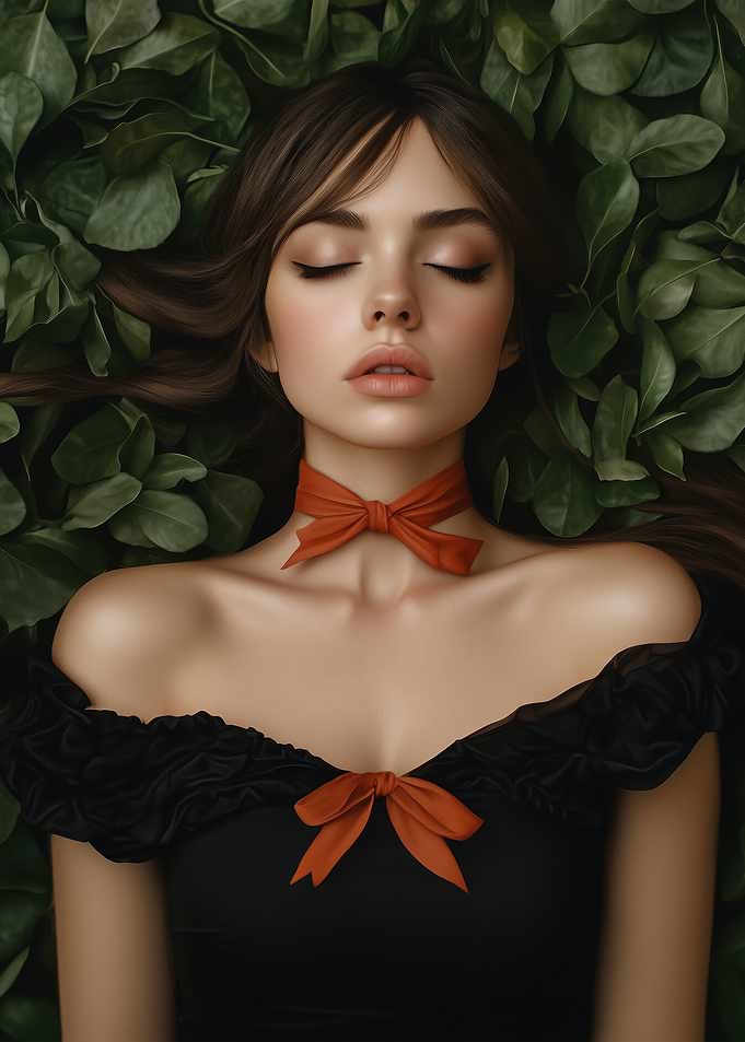 Woman with Red Bow in Green Leaves
