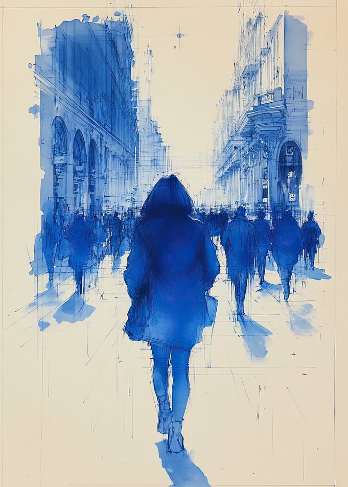 Blue Cityscape with Woman