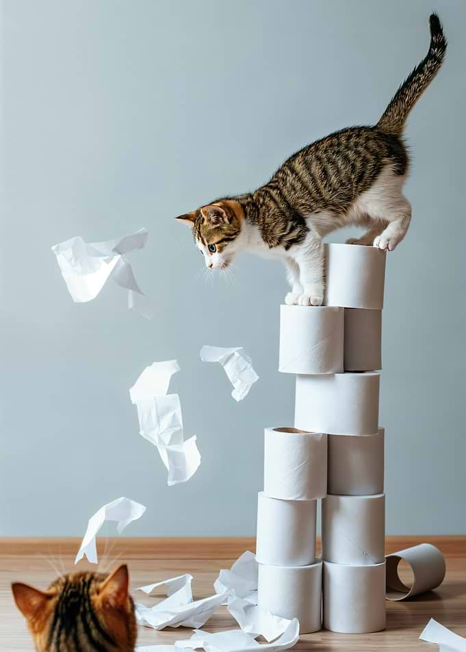Playful Kitten and Toilet Paper Tower