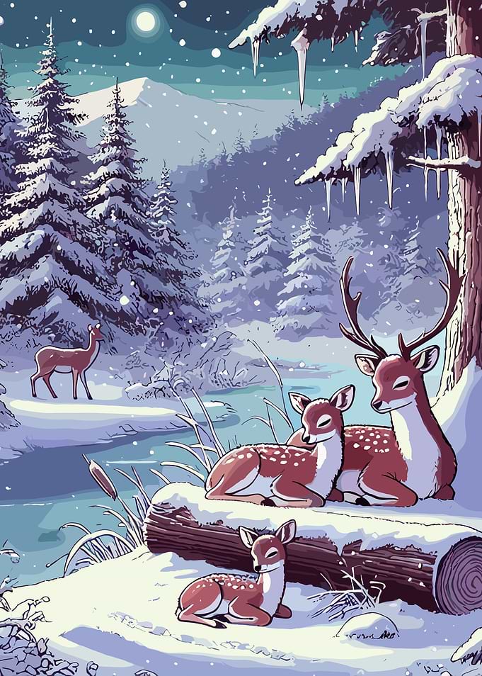 Winter Spotted Deer Family