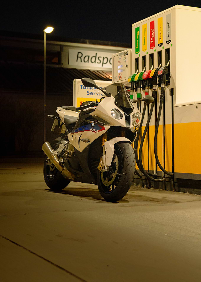 BMW Motorcycle at Gas Station