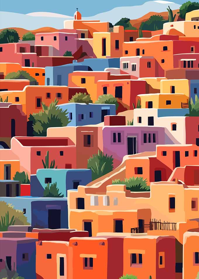 Colorful Mexican Village Minimalist Art Illustration