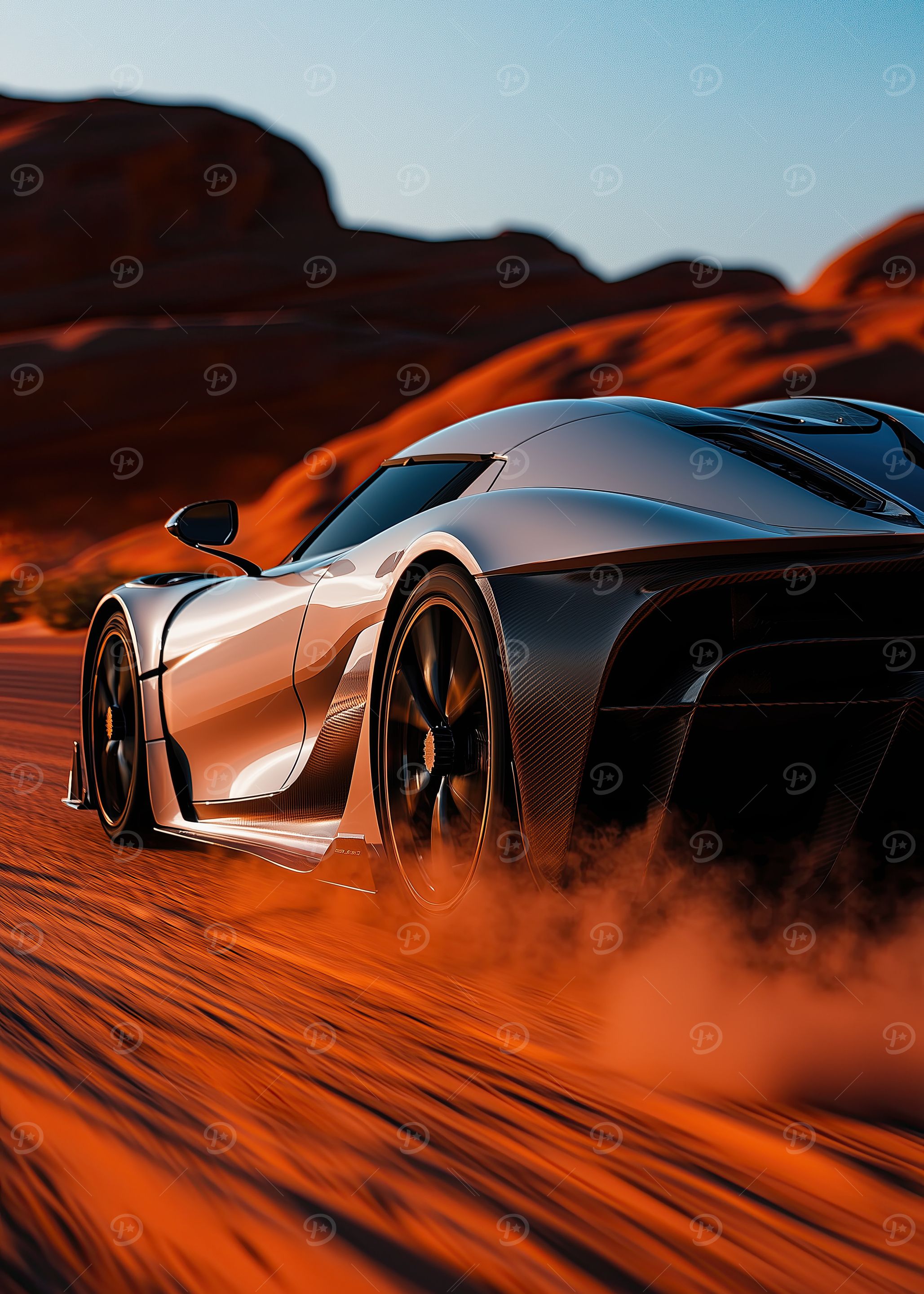 Silver Koenigsegg Jesko Sports Car in Desert