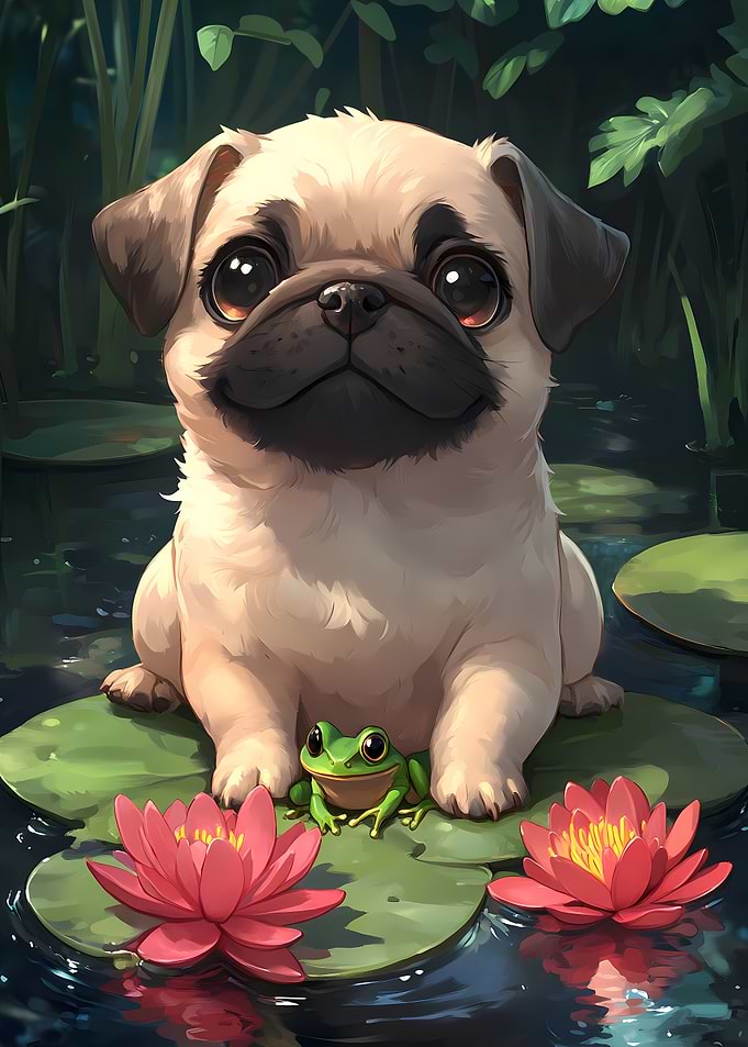 Pug Dog and Frog on Lily Pads Animal
