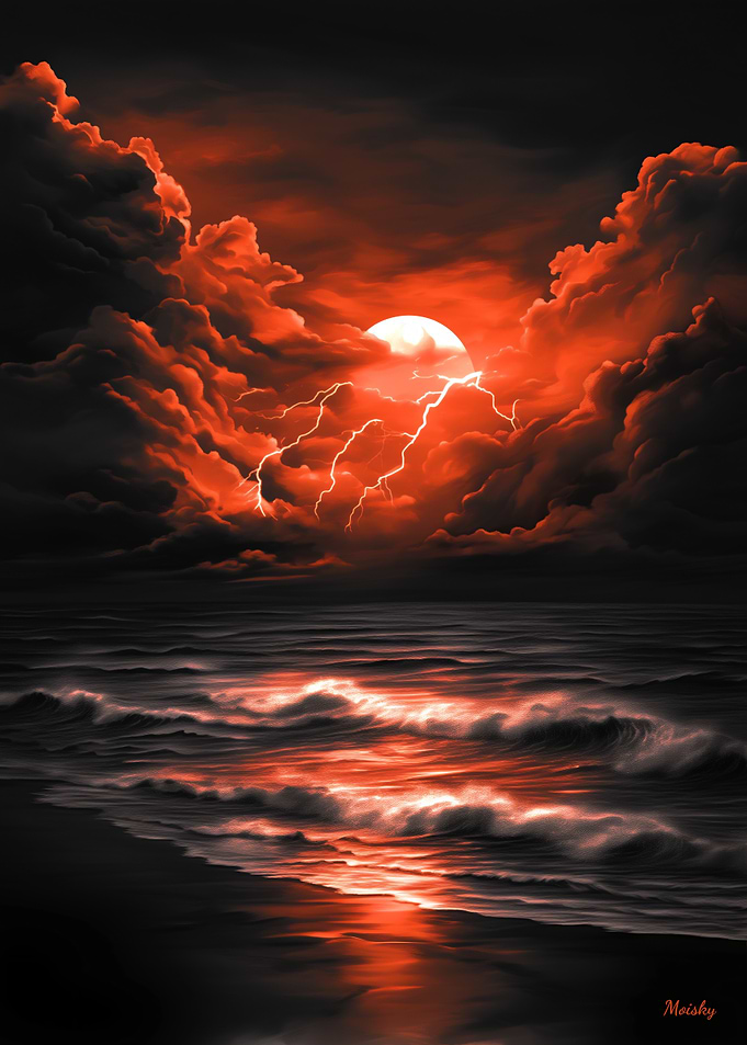 Storm Over the Crimson Moon – Monochrome and Fiery Red Seascape
