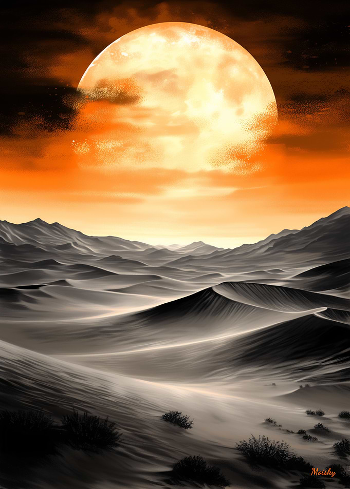 Burning Moon Over Desert Dunes – Monochrome and Orange Glow