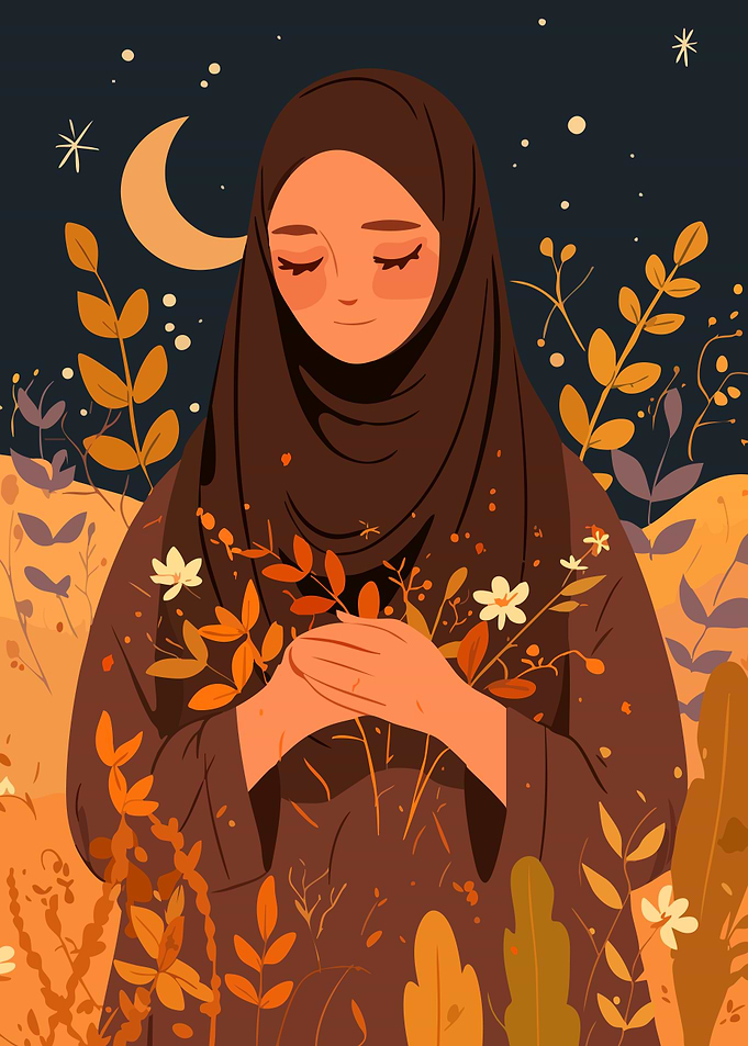 Beautiful Hijab Flower Field Girl Minimalist Art Illustration