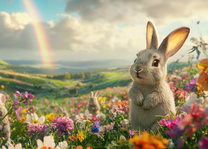 Cute Bunny in Flower Field