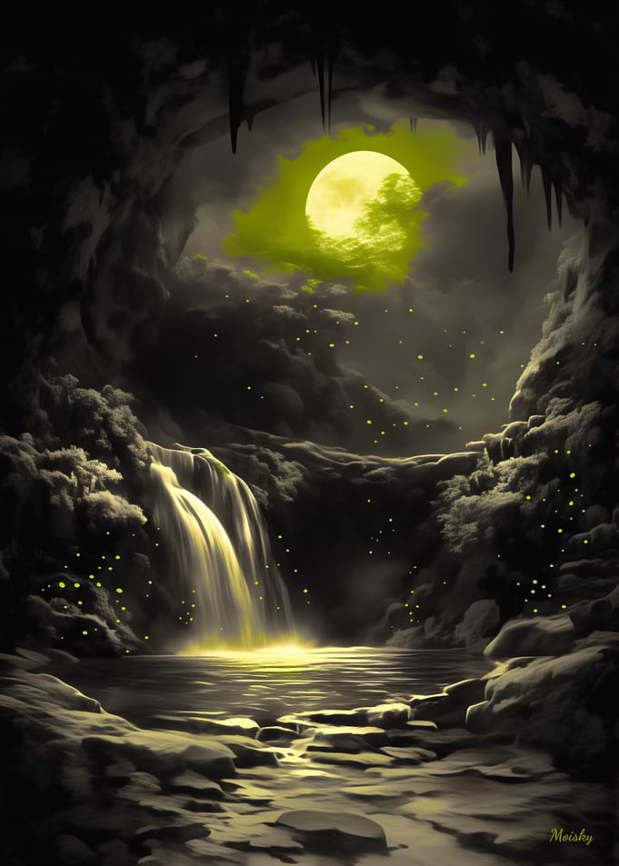 Mystic Moonlit Cave – Monochrome Glow
