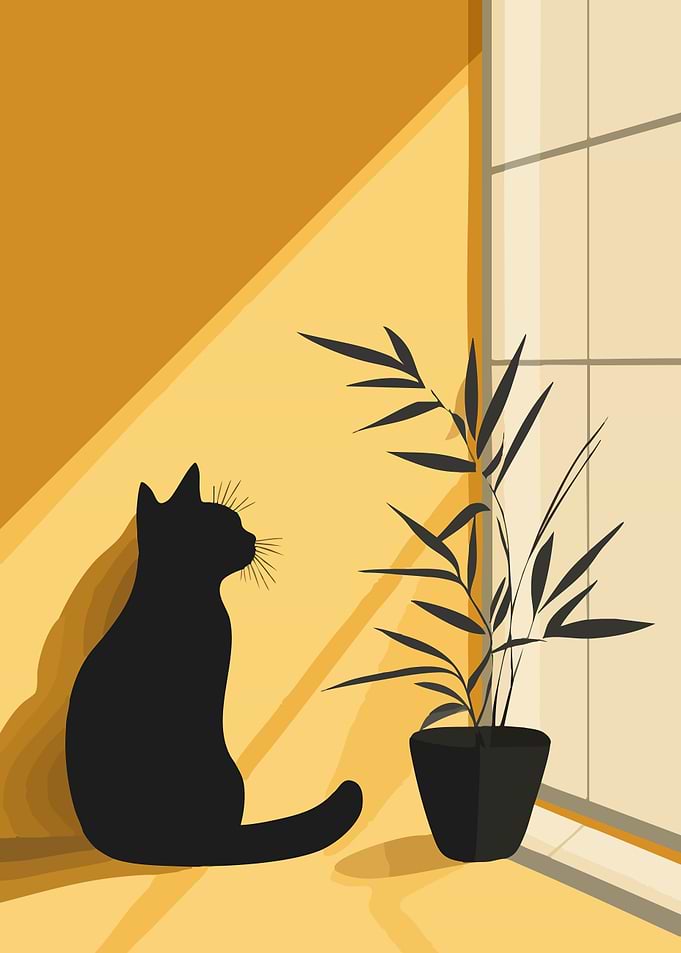 Back Cat Silhouette by Window Minimalist Art Illustration