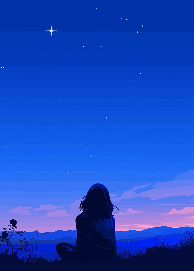 Girl Looks at Stars Minimalist Art Illustration