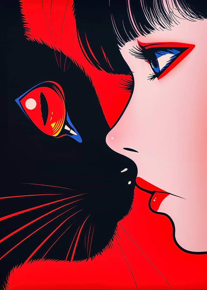 Black Cat and Woman in Red