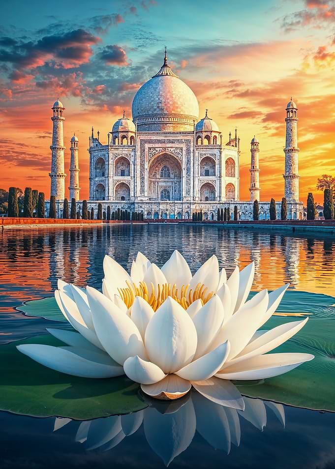 Taj Mahal Sunset with Lotus