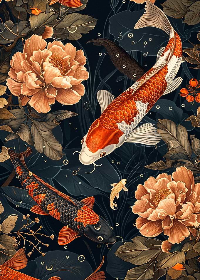 Koi Fish and Peonies