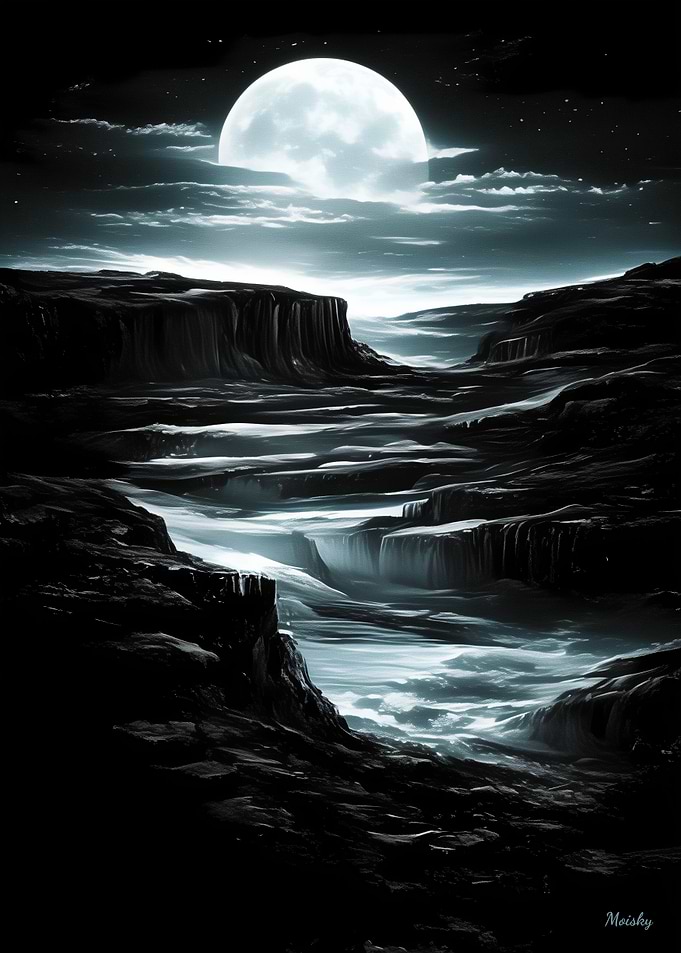 Teal Moon Canyon – Monochrome Nocturnal Landscape