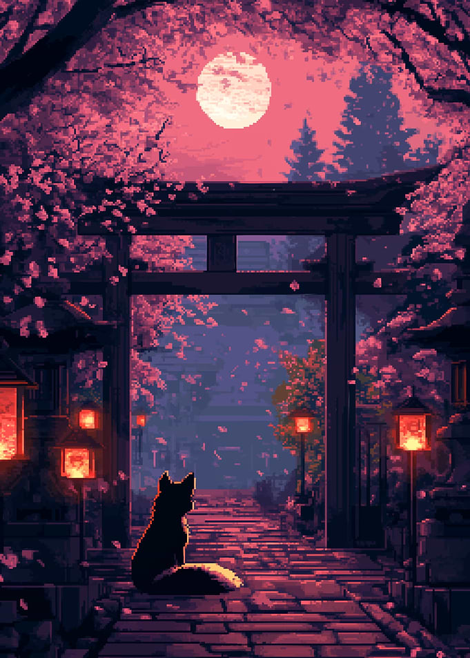 Pixel Fox Under Cherry Blossoms