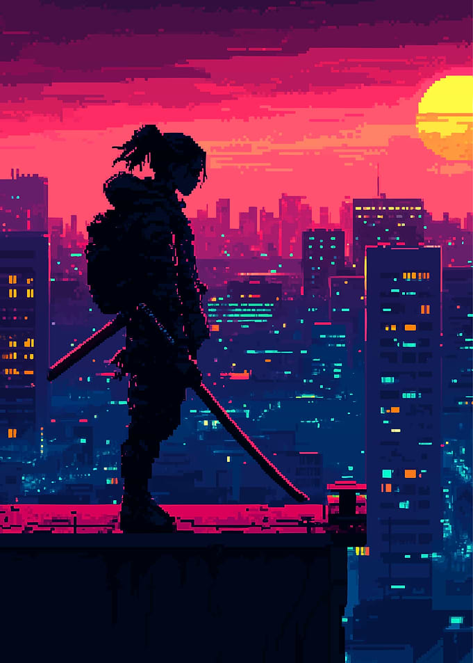 Pixel Cyberpunk Samurai Sunset