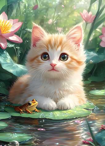 Kitten and Frog on Lily Pad Turkish Van