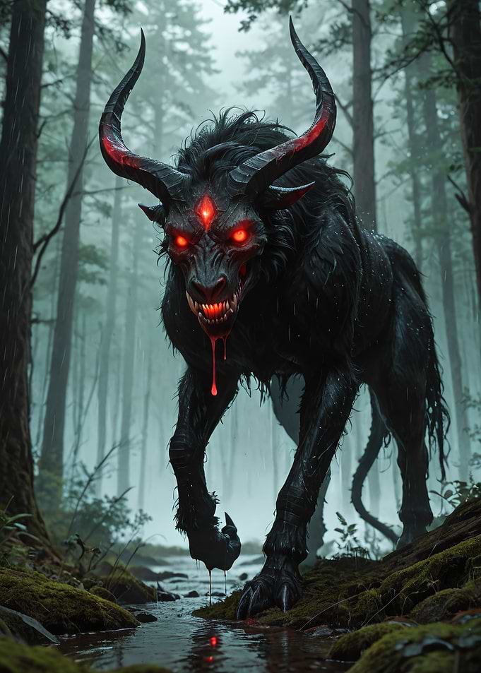 Demonic Creature in a Foggy Forest