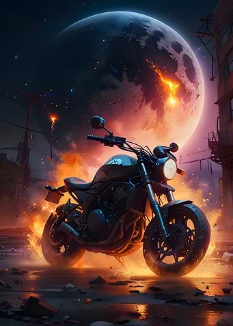 Motorcycle Under a Burning Moon