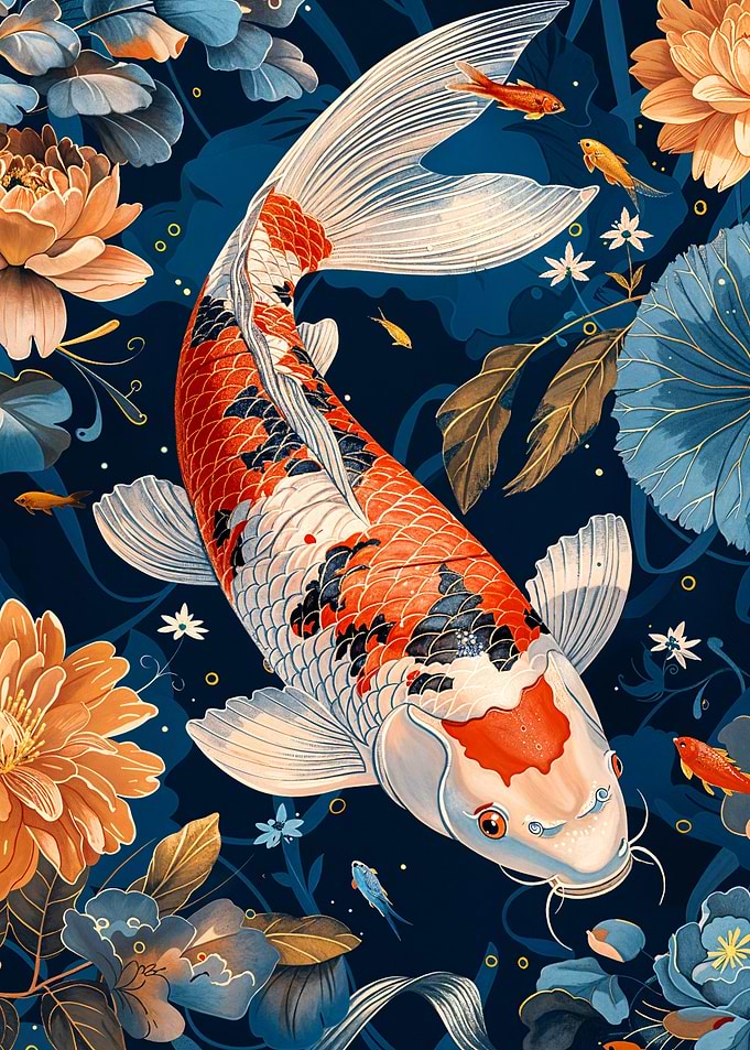 Koi Fish with Floral Background