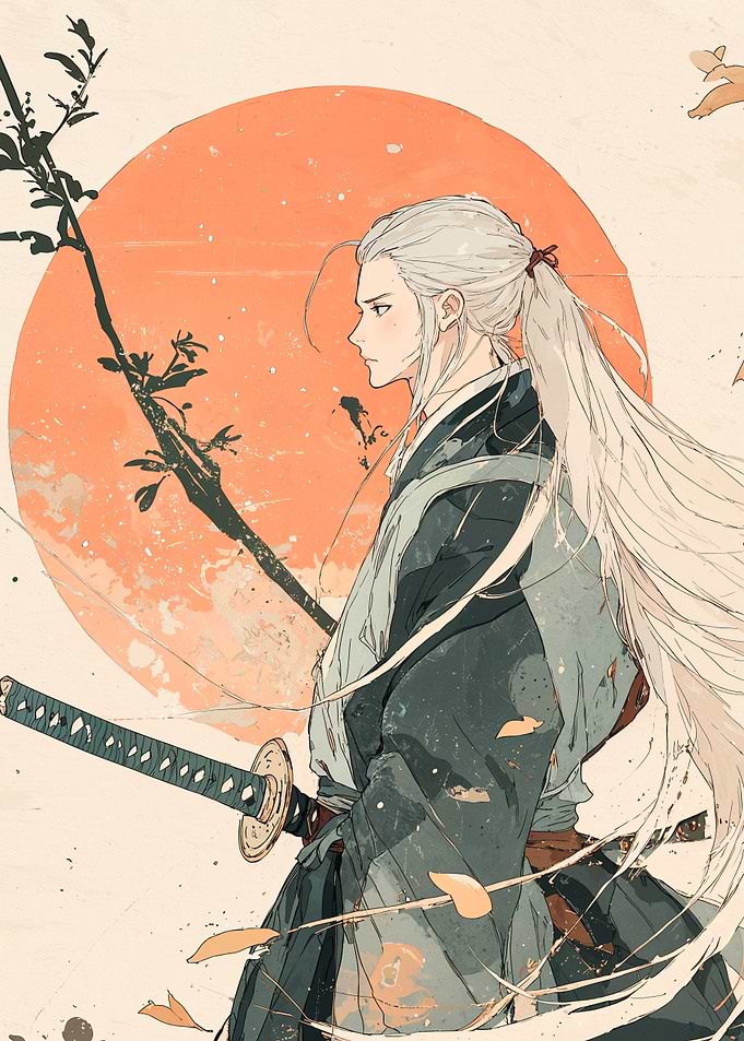 Samurai with Long White Hair