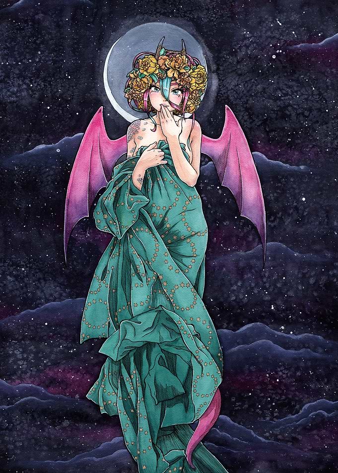 Watercolour Demonic Angel in the Night