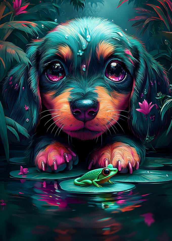 Puppy Dachshund Dog and Frog a Pond
